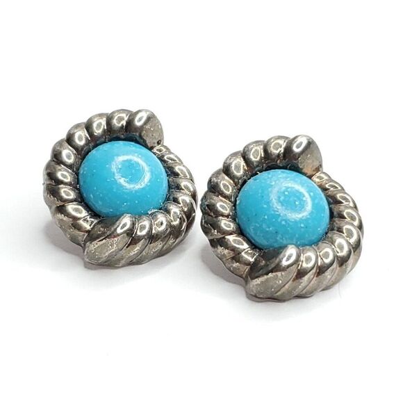 Vintage Bold Statement Earrings Silvertone Faux Turquoise Cabochon Chunky Stud - Picture 2 of 3